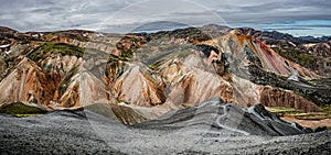 Panoramic view of colorful rhyolite volcanic mountains Landmanna