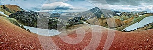 Panoramic view of colorful rhyolite volcanic mountains Landmannalaugar as pure wilderness in Iceland