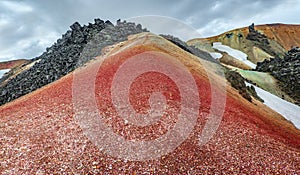 Panoramic view of colorful rhyolite volcanic mountains Landmannalaugar as pure wilderness in Iceland