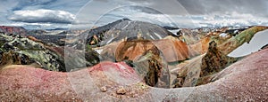 Panoramic view of colorful rhyolite volcanic mountains Landmannalaugar as pure wilderness in Iceland