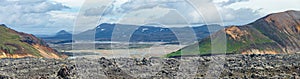 Panoramic view of colorful rhyolite volcanic mountains Landmannalaugar as pure wilderness in Iceland