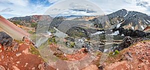 Panoramic view of colorful rhyolite volcanic mountains Landmannalaugar as pure wilderness in Iceland