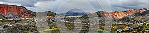 Panoramic view of colorful rhyolite volcanic mountains Landmannalaugar as pure wilderness in Iceland