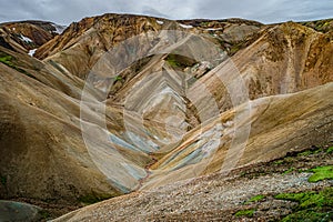 Panoramic view of colorful rhyolite volcanic mountains Landmannalaugar as pure wilderness in Iceland