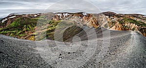 Panoramic view of colorful rhyolite volcanic mountains Landmannalaugar as pure wilderness in Iceland