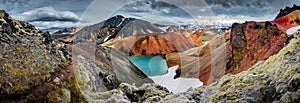 Panoramic view of colorful rhyolite volcanic mountains Landmannalaugar as pure wilderness in Iceland and a hidden highland lake,