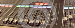 Panoramic view colorful sound mixer control DJ turntable close-up