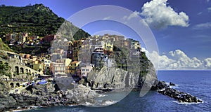 Panoramic view of the colorful village of Manarola, Cinque Terre, Italy