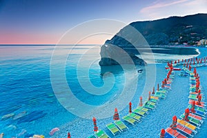 Panoramic view of colorful Village Monterosso al Mare in Cinque Terre during sunset, Liguria, Italy