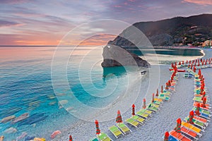 Panoramic view of colorful Village Monterosso al Mare in Cinque Terre during sunset, Liguria, Italy