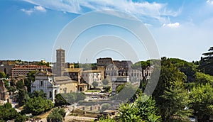 Panoramic view the Colosseum and Roman Forum from Palantine hill, Rome, Italy