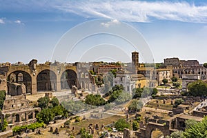 Panoramic view the Colosseum and Roman Forum from Palantine hill, Rome, Italy