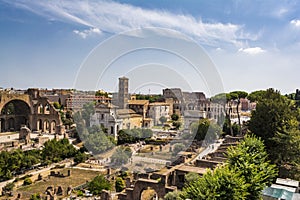 Panoramic view the Colosseum and Roman Forum from Palantine hill, Rome, Italy