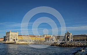 Panoramic view of the Commerce square Praca do Comercio and the Tagus river, in Lisbon, Portugal