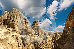 Panoramic view of cone-shaped rock formations in Selime, Turkey