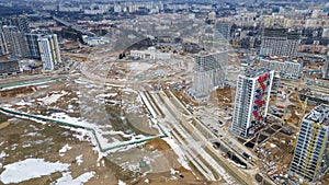 Panoramic view of construction of high-rise resedential buildings. Eye bird view of new resedential district