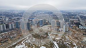 Panoramic view of construction of high-rise resedential buildings. Eye bird view of new resedential district