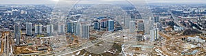 Panoramic view of construction of high-rise resedential buildings. Eye bird view of new resedential district