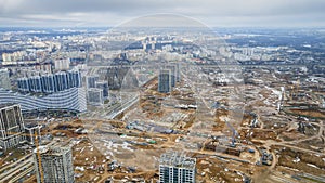 Panoramic view of construction of high-rise resedential buildings. Eye bird view of new resedential district