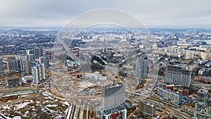 Panoramic view of construction of high-rise resedential buildings. Eye bird view of new resedential district