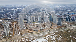 Panoramic view of construction of high-rise resedential buildings. Eye bird view of new resedential district