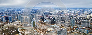 Panoramic view of construction of high-rise resedential buildings. View from above