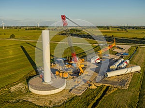 Panoramic view of the construction site of a modern wind turbine in the start-up.