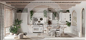 Panoramic view of contemporary wooden kitchen in white and bleached tones. Dining table and appliances. Scandinavian boho interior