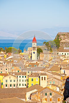 Panoramic view of Corfu city and the bell tower of the Saint Spyridon Church from the New Fortress. Corfu, Greece.