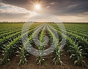 Panoramic view of Corn field plantation with cloud sky background