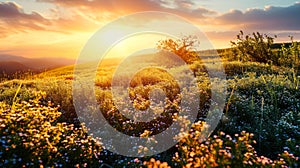 Panoramic view of a countryside landscape with blooming wild grass bathing in the golden light of a warm sunset during summer or