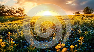 Panoramic view of a countryside landscape with blooming wild grass bathing in the golden light of a warm sunset during summer or
