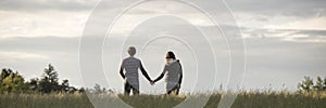Panoramic view on couple holding hands in field