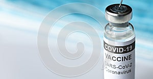 Panoramic view of COVID-19 vaccine bottle and copy space for text, coronavirus banner