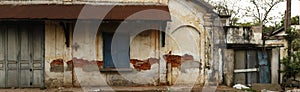 panoramic view of a cracked and eroded wall on an old vintage shop front
