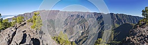 Panoramic view on crater Caldera de Taburiente from viepoint at top of Pico Bejenado mountain on the island La Palma photo