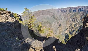 Panoramic view on crater Caldera de Taburiente from viepoint at top of Pico Bejenado mountain on the island La Palma photo