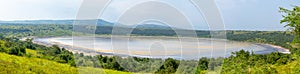 Panoramic view of a crater lake in Queen Elizabeth National Park in Uganda.