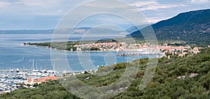 Panoramic view of Cres marina town and mountains