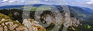 Panoramic view from the Creux-du-Van or Creux du Van rocky cirque, Neuchatel canton, Switzerland