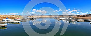 Panoramic view of Crowley lake Marina in Sierra Nevada Mountains