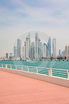 Panoramic view of the cruise ships and skyscrapers at the dubai