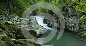 Panoramic view of Cubo Waterfall located inside the lush Irati jungle in Navarra photo