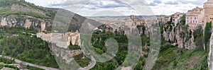 Panoramic view at the Cuenca Hanging Houses, Casas Colgadas, iconic buildings on the edge at the cliffs, on city touristic