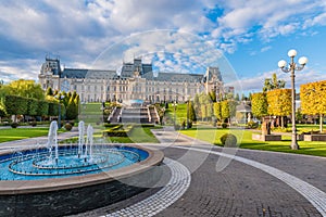 Panoramic view of Cultural Palace and central square in Iasi city, Moldavia Romania