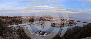 Panoramic view of Dana Point harbor at sunset