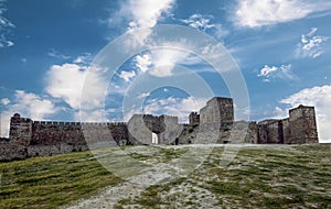 Panoramic view of the dark stone fortress castle of Trujillo, in Caceres, Extremadura