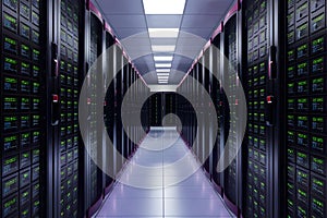 Panoramic view of data center with rows of servers
