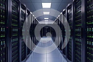 Panoramic view of data center with rows of servers