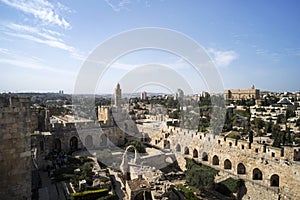 Panoramic view of David tower at spring time in old city of Jerusalem, Israel. tower of David on the South wall of Jerusalem